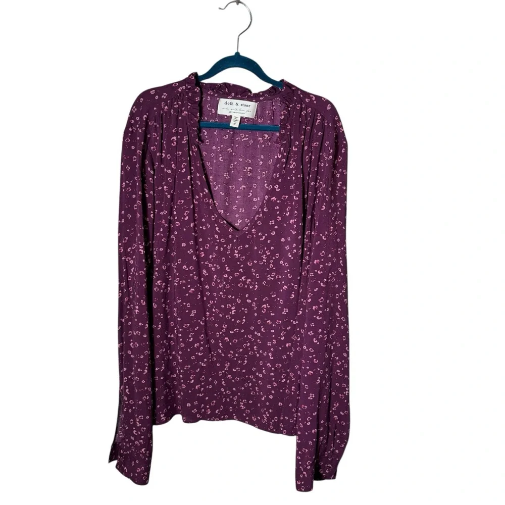 Anthropologie Cloth & Stone Jinna Floral Ruffle Blouse Purple Medium - Picture 2 of 11
